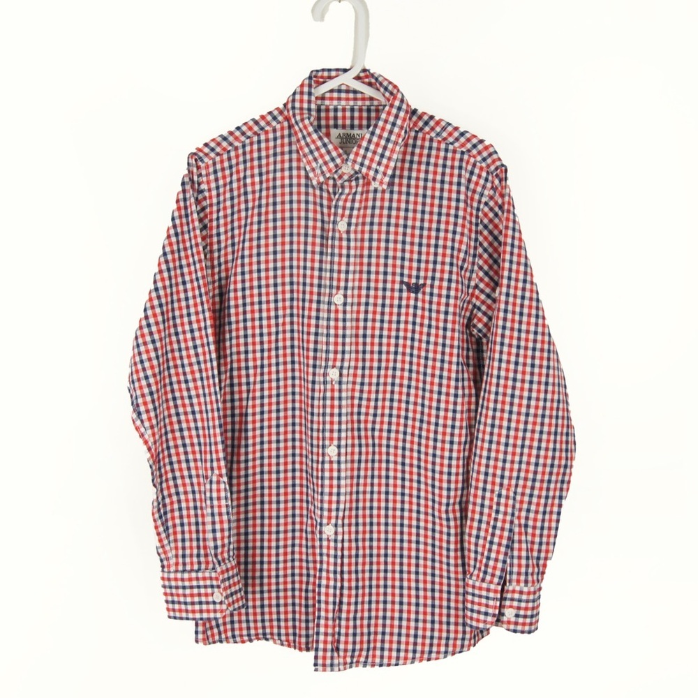 ⭐️ Armani Junior Boys Button Up Long Sleeve Plaid Dress Shirt